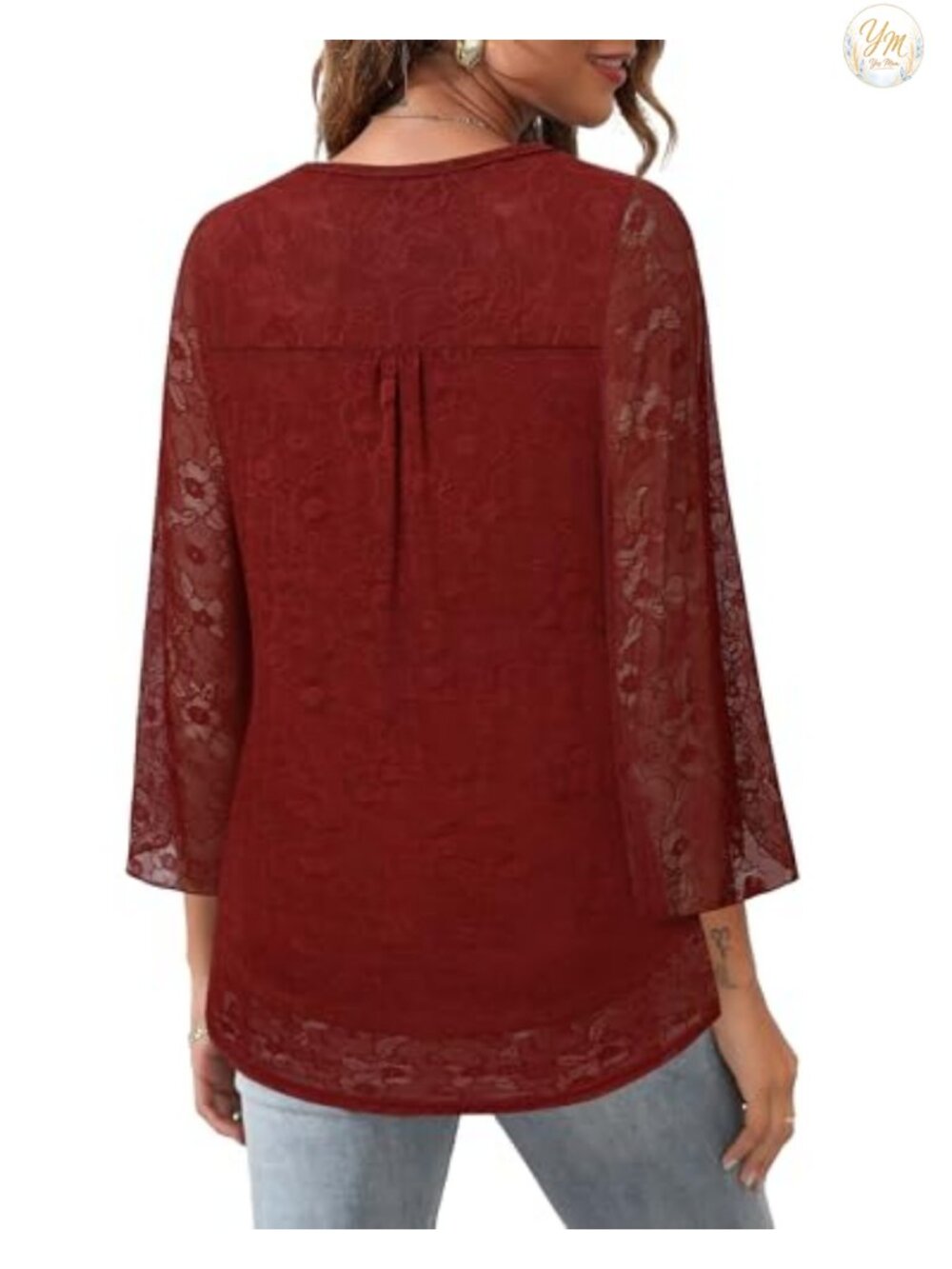 Women's Sheer Ruffle 3/4 Sleeve V Neck Floral Mesh Tunic Blouse Flowy Loose Fit - Picture 2 of 6